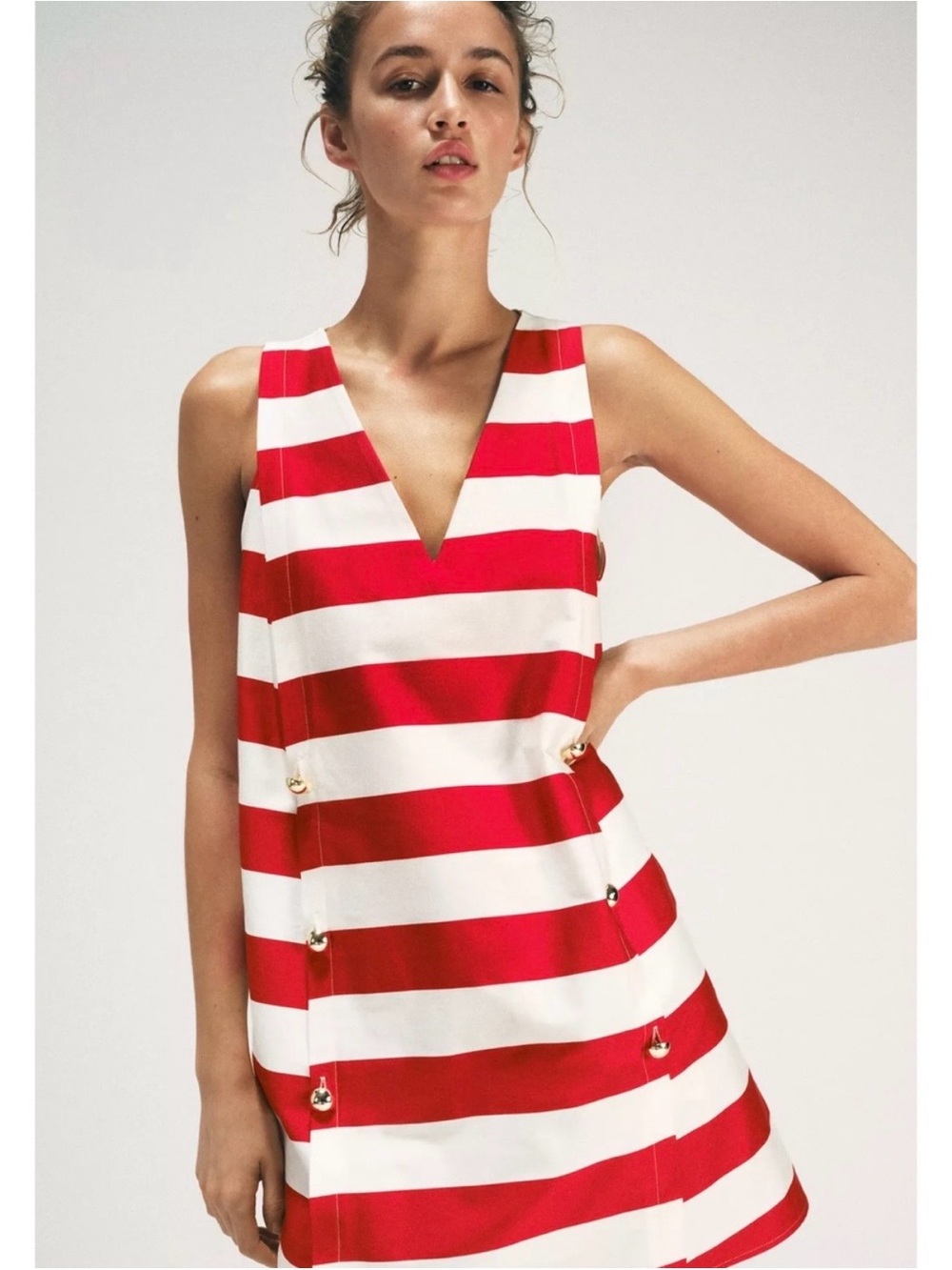 Zara Red and White Striped Mini Dress with gold buttons
